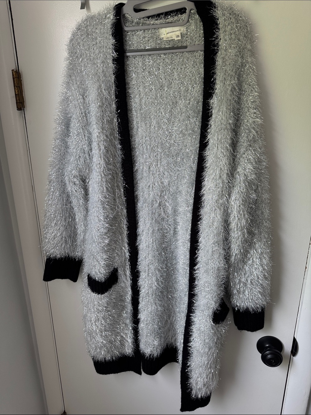 Anthropologie Silver Fuzzy Open-Front Cardigan with Black Trim